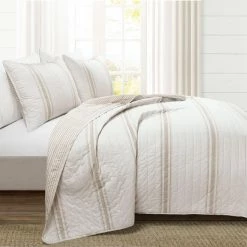 Discount 😍 King Lush Decor Farmhouse Stripe Reversible Cotton Quilt Set-Neutral-Full/Queen 🔔 -Greenland Home Fashions shop detailTRIA1007
