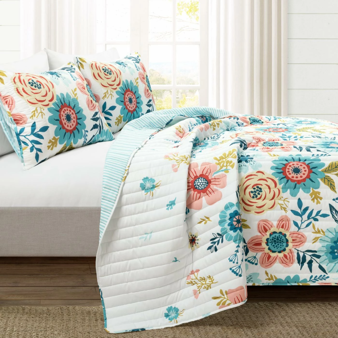 Budget ๐ King Lush Decor Cottage Core Ariana Flower Reversible Oversized Quilt Set- Blue/Dusty Pink-Full/Queen ๐ 5 Budget ๐ King Lush Decor Cottage Core Ariana Flower Reversible Oversized Quilt Set- Blue/Dusty Pink-Full/Queen ๐ - Image 3