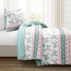Deals 🔥 Queen Lush Decor Boho Llama Reversible Oversized Quilt Set- Pink/Aqua-Twin ✔️ -Greenland Home Fashions shop detailTRIA1010