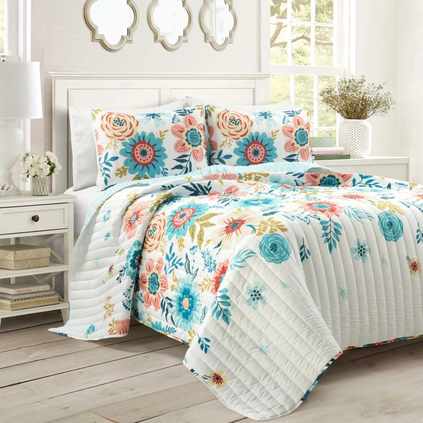 Budget ๐ King Lush Decor Cottage Core Ariana Flower Reversible Oversized Quilt Set- Blue/Dusty Pink-Full/Queen ๐ 4 Budget ๐ King Lush Decor Cottage Core Ariana Flower Reversible Oversized Quilt Set- Blue/Dusty Pink-Full/Queen ๐ - Image 2