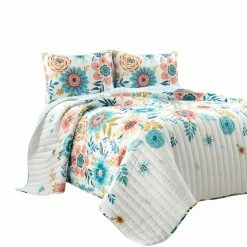 Budget 🎉 King Lush Decor Cottage Core Ariana Flower Reversible Oversized Quilt Set- Blue/Dusty Pink-Full/Queen 🌟