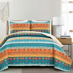 Outlet 🌟 King Lush Decor Boho Watercolor Border Quilt Set - Turquoise/Multi - Full/Queen ⭐