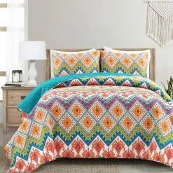 Hot Sale 💯 King Lush Decor Boho Chevron Reversible Cotton Quilt Set - Turquoise/Multi - Full/Queen 🤩